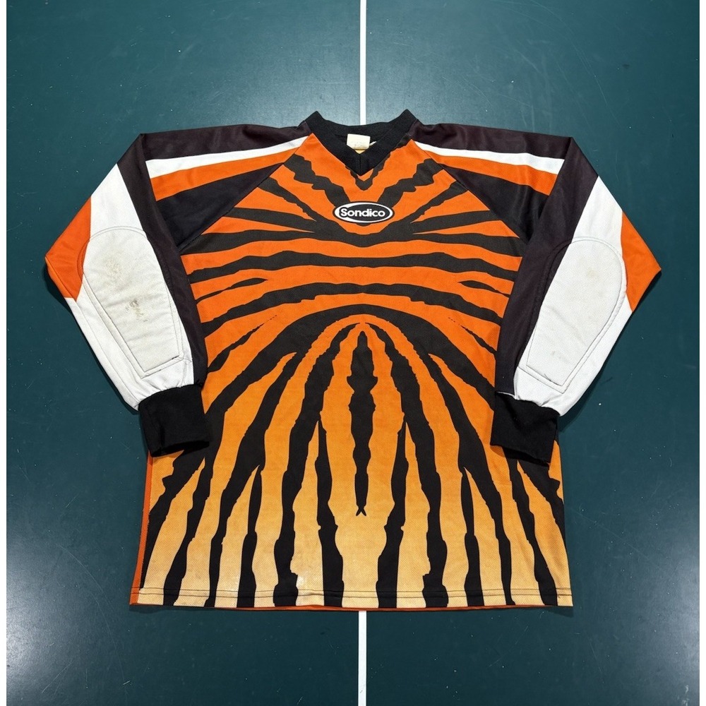 Vtg Sondico Soccer Goalkeeper Jersey Long Sleeve Men's Large Orange Tiger Stripe